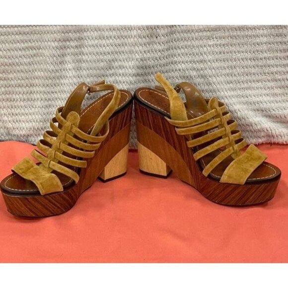 Vince Camuto Brown Strap Sandals With Wood Type Wedge Heels Size 9 - Picture 3 of 7